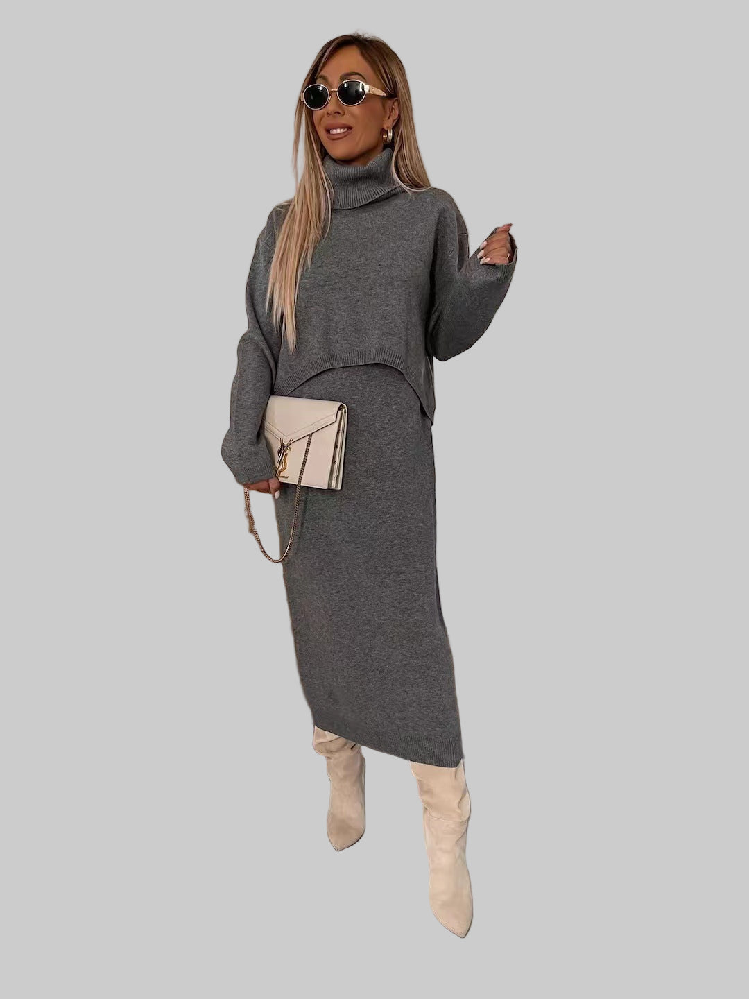 Ensemble Tricot Hiver – Pull Col Roulé & Robe Longue Sans Manches