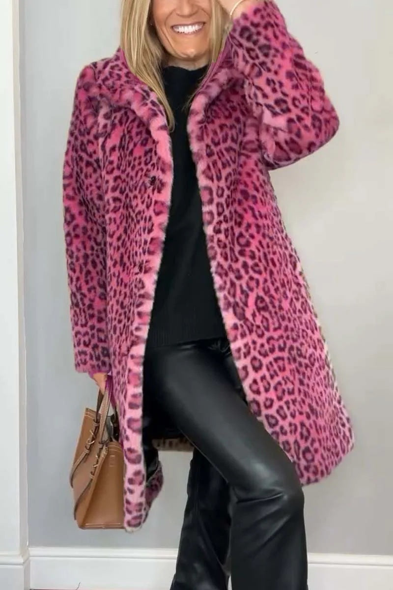 Mid-length Leopard Print Coat in Soft Fur
