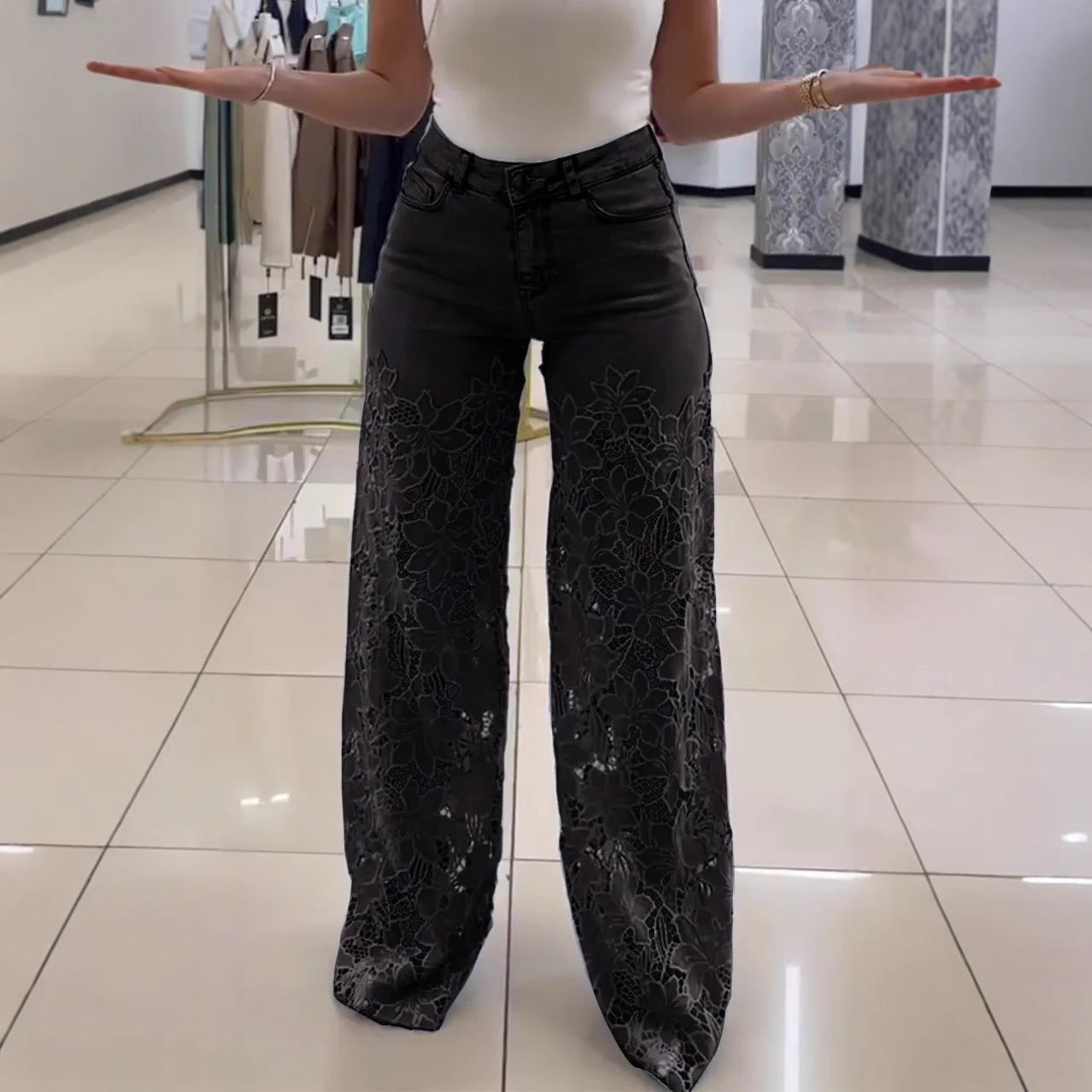 LÉA™ JEAN PANTALON LARGE DENTELLE FLORALE
