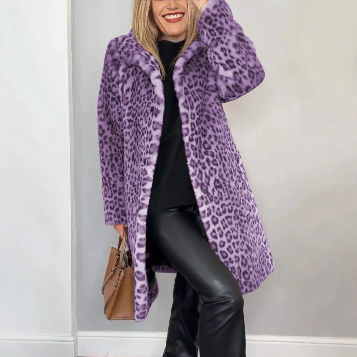 Mid-length Leopard Print Coat in Soft Fur