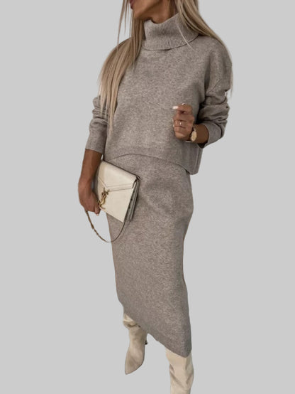 Ensemble Tricot Hiver – Pull Col Roulé & Robe Longue Sans Manches