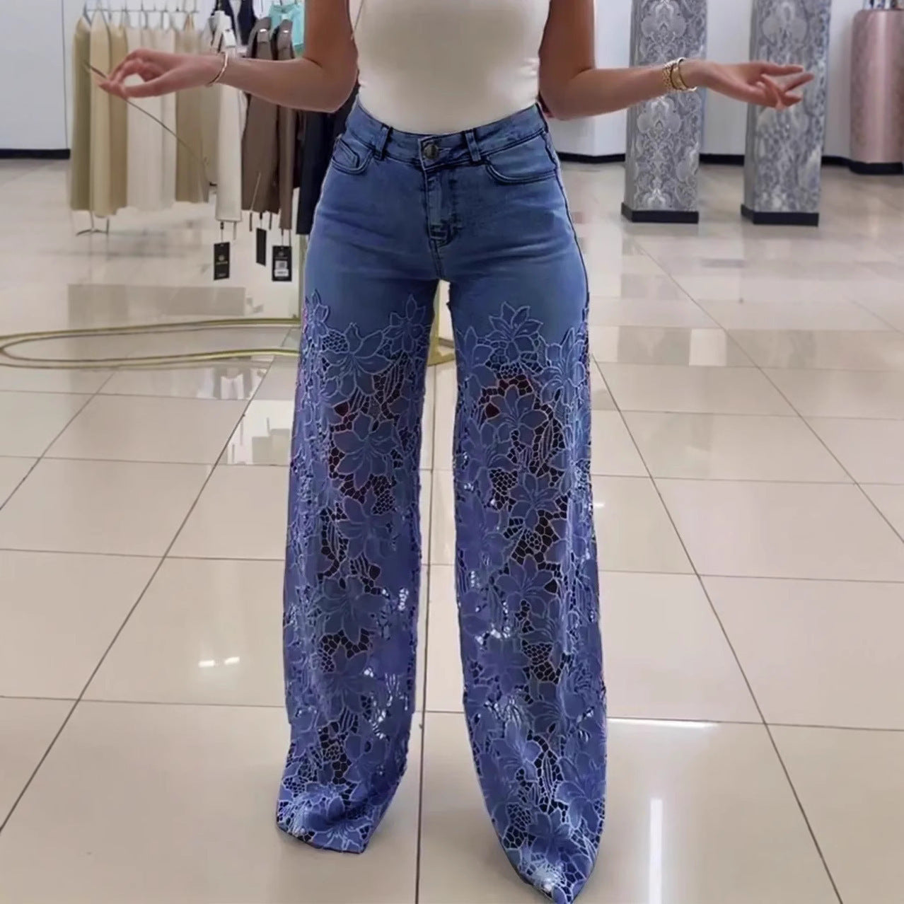 LÉA™ JEAN PANTALON LARGE DENTELLE FLORALE