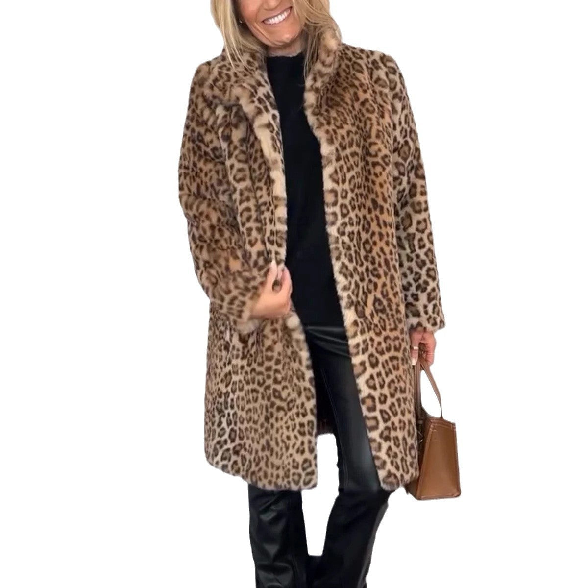 Mid-length Leopard Print Coat in Soft Fur