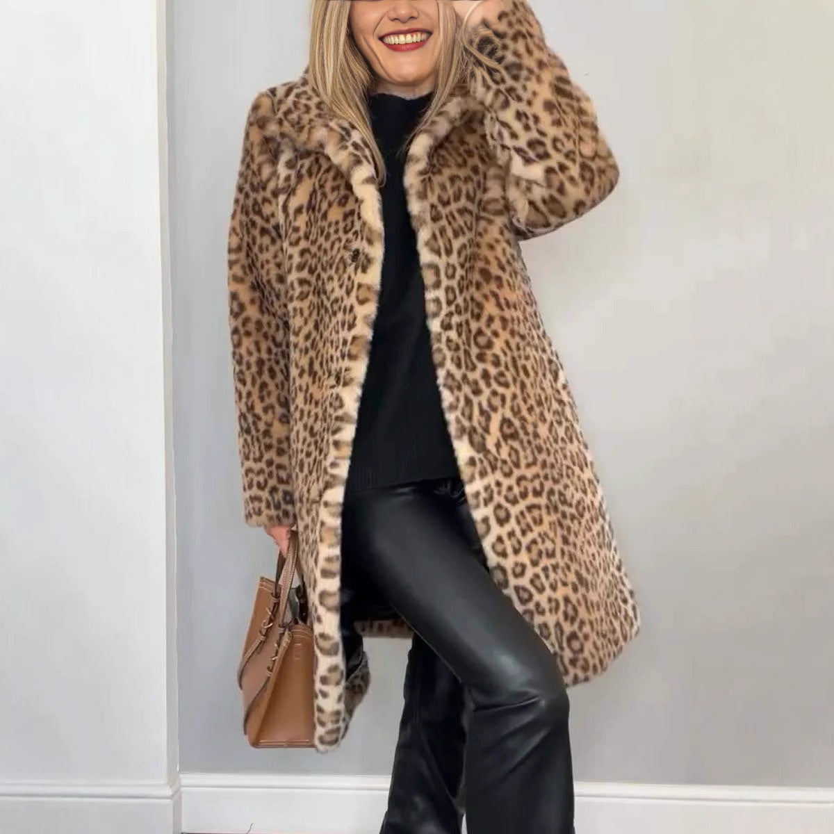 Mid-length Leopard Print Coat in Soft Fur