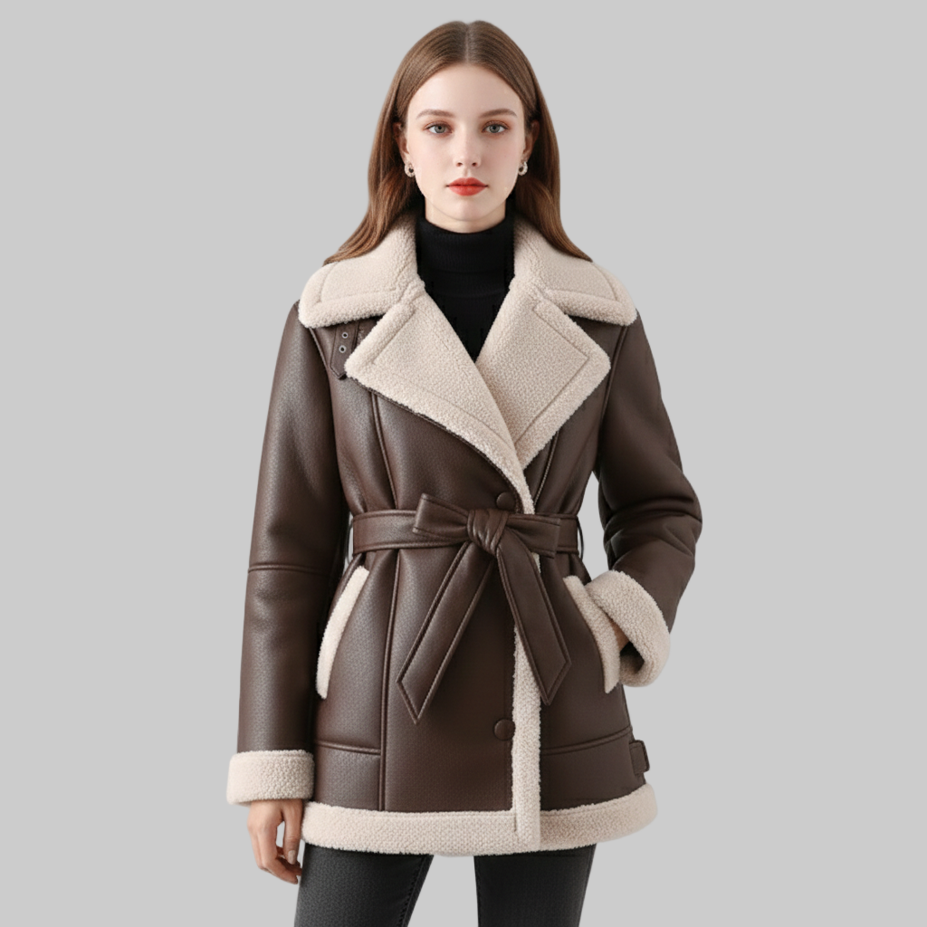 Manteau Élégance Cachemire en Cuir avec Col en Fourrure et Ceinture