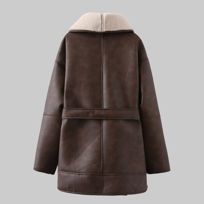 Manteau Élégance Cachemire en Cuir avec Col en Fourrure et Ceinture