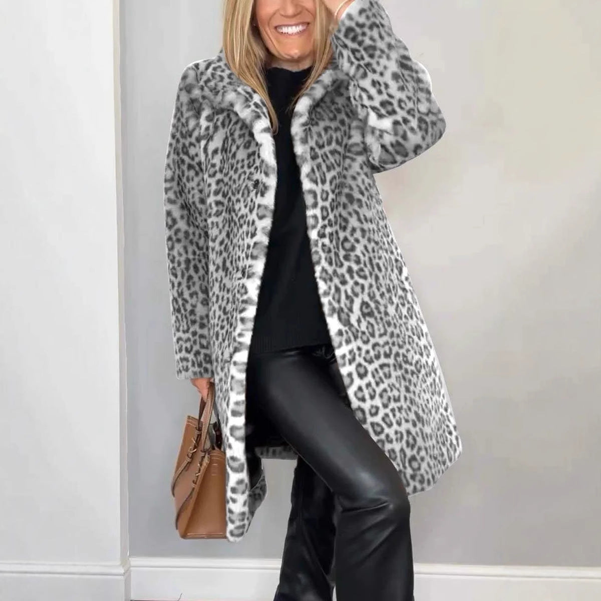 Mid-length Leopard Print Coat in Soft Fur