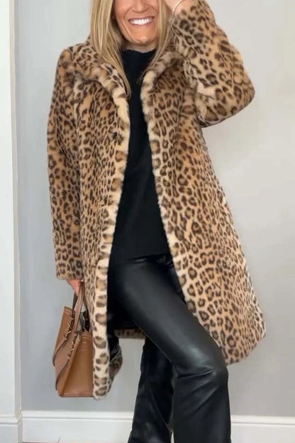 Mid-length Leopard Print Coat in Soft Fur